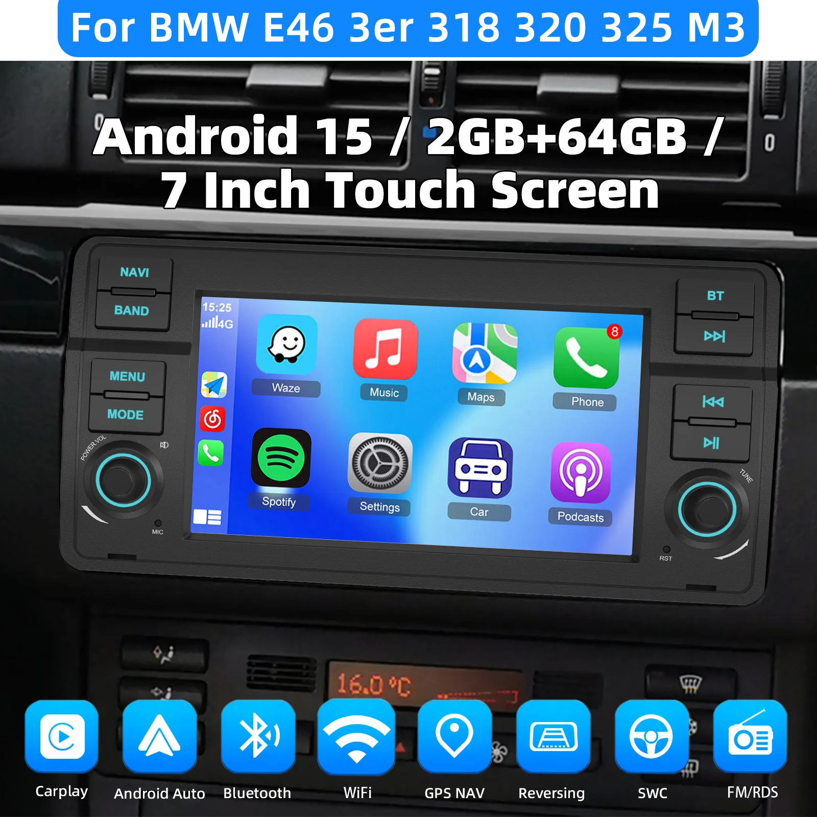 ESSGOO Drahtloses Apple Carplay Android Auto Autoradio für BMW E46 M3 318/320/325/330/335 Rover 75 Coupe Android 15 64 GB 2Din GPS – Detail 1