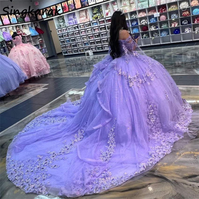 Lavender Princess Quinceanera Dress Flowers Ball Gown Crystals Flowers Beads Tull Sweet 16 Vestidos 15th Birthday Customized