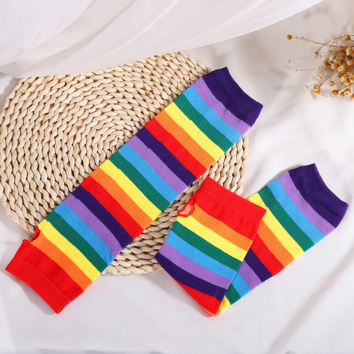 1Pair Rainbow Long Sleeve Warmers Colorful Fingerless Gloves for Women Girls Thumbhole Stretchy Warm Hand Covers