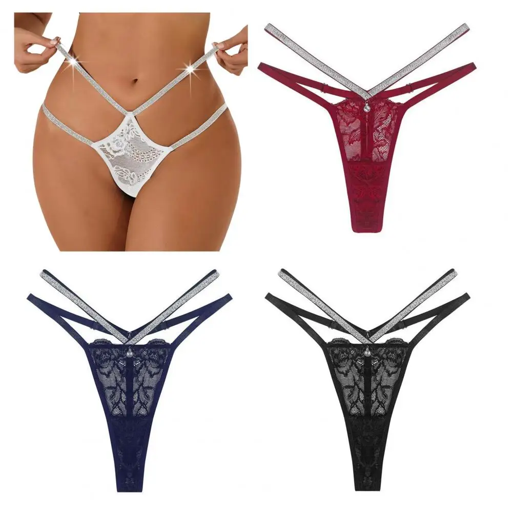 Rhinestone Hollow Lace Panties Double Strap Panties Thin Strap  Romantic Lace Glitter Strappy Panties G-String Sexy Thong