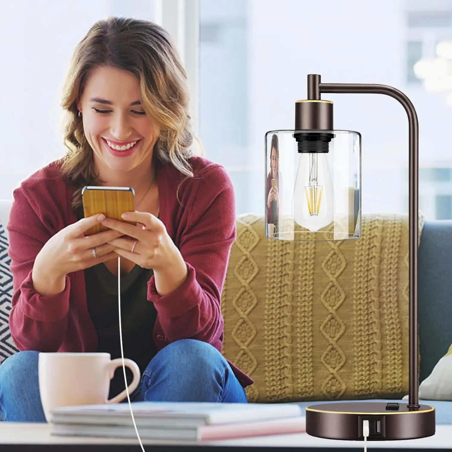 مجموعة مصابيح طاولة صناعية تعمل باللمس مكونة من قطعتين - مصابيح بجانب السرير مع منفذي USB ومخرج تيار متردد، #6