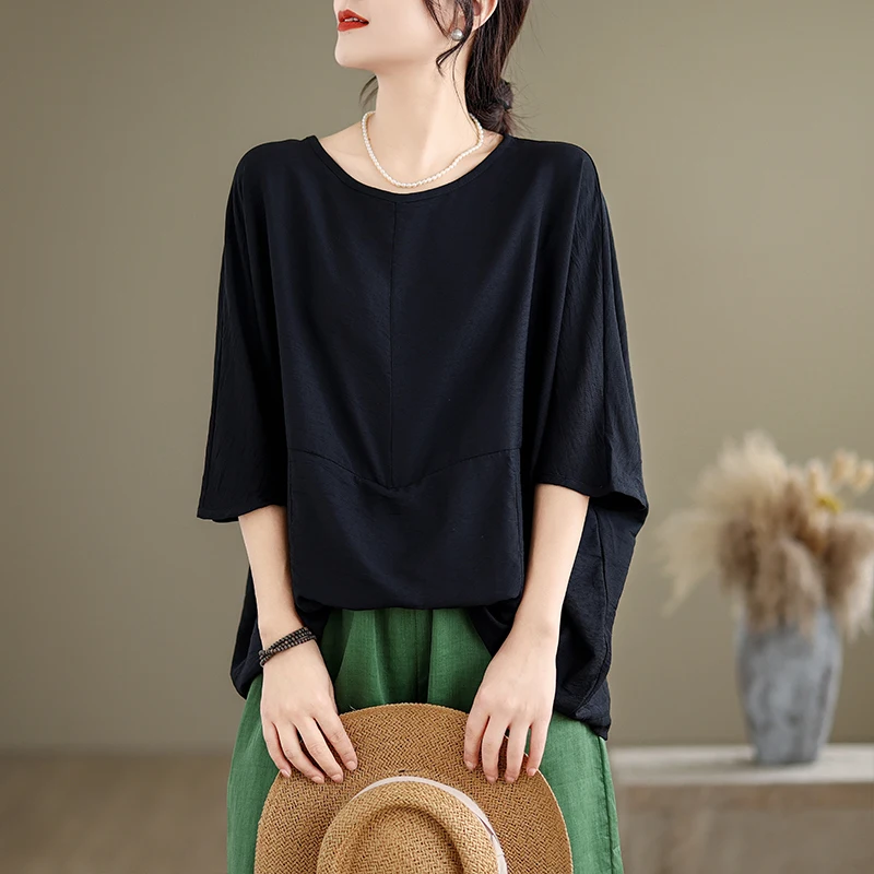 

Loose Summer Cotton Linen Batwing Sve T-irt Large Size round Ne Unusual Splicing Top Women Color Casual Wear