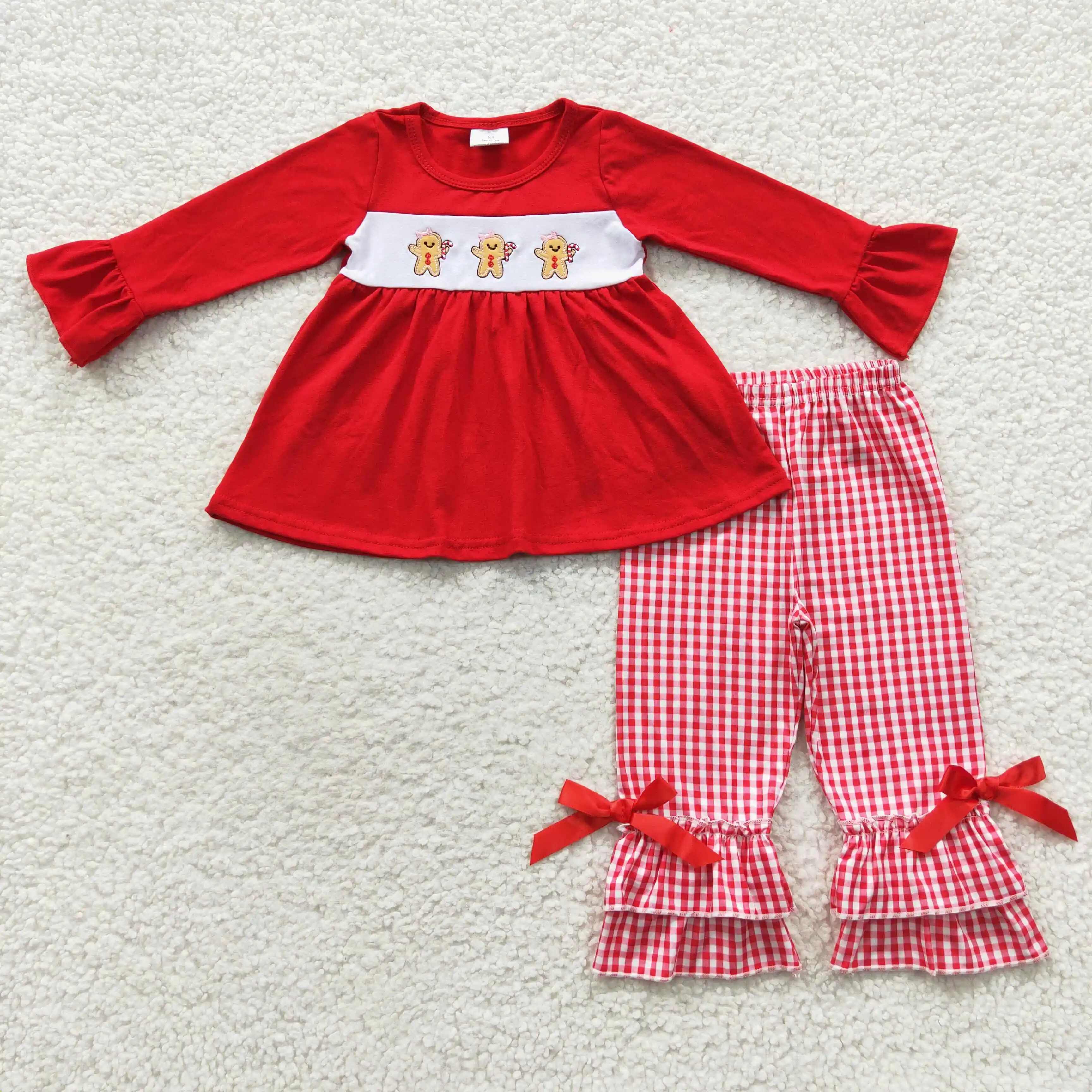 

Christmas Girls Suit Wholesale Boutique Embroidered Gingerbread Man Red Plaid Bow Knot Lace Long Sleeve Trousers Suit