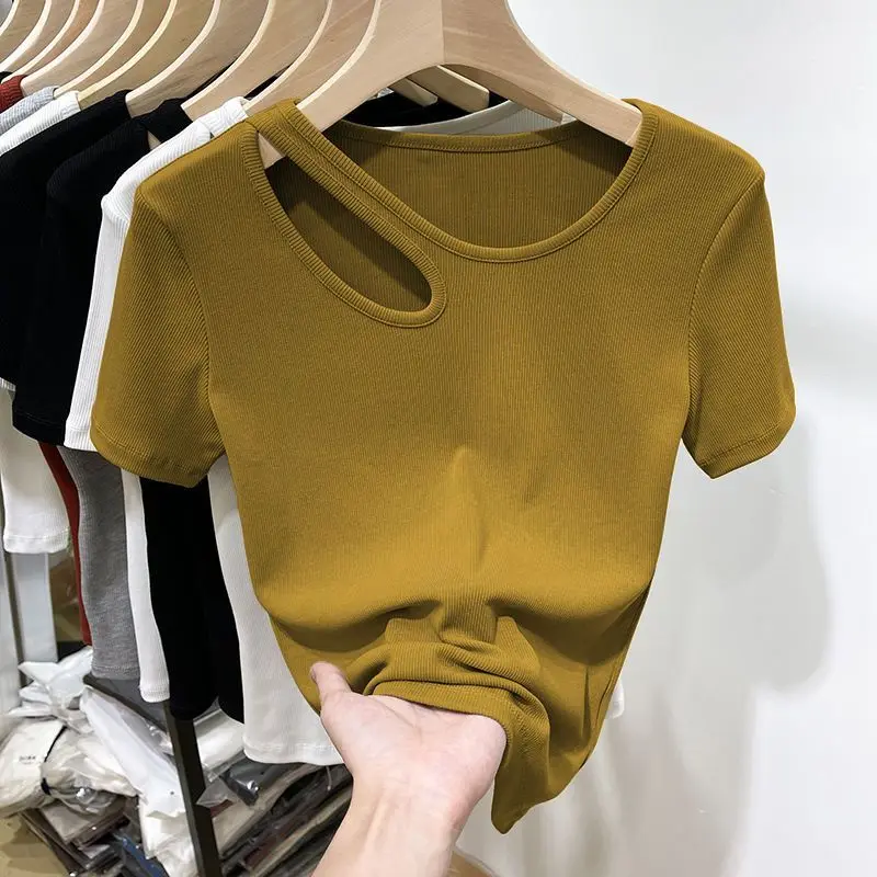 

Fashion O-Neck Solid Color Spliced Hollow Out Blouses Female Clothing 2025 Summer New Slim Short Sleeve Korean Tops Chic Shirts