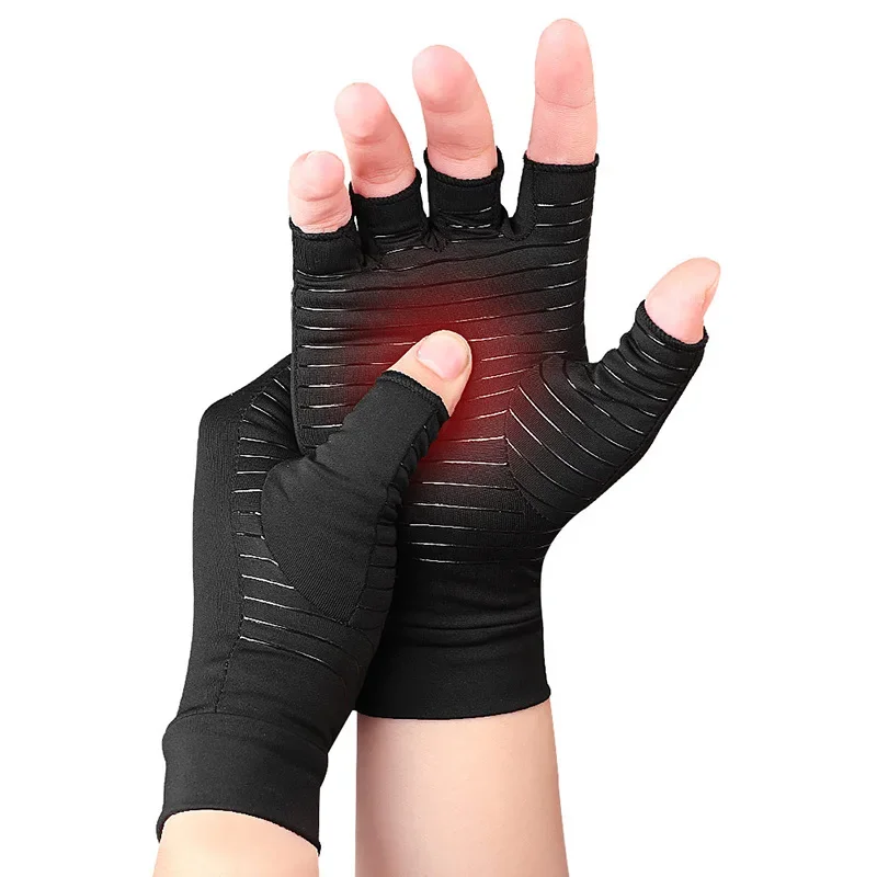 1Pair Copper Compression Arthritis Gloves Fingerless for Carpal Tunnel, RSI, Rheumatoid, Tendonitis, Hand Pain, Computer Typing