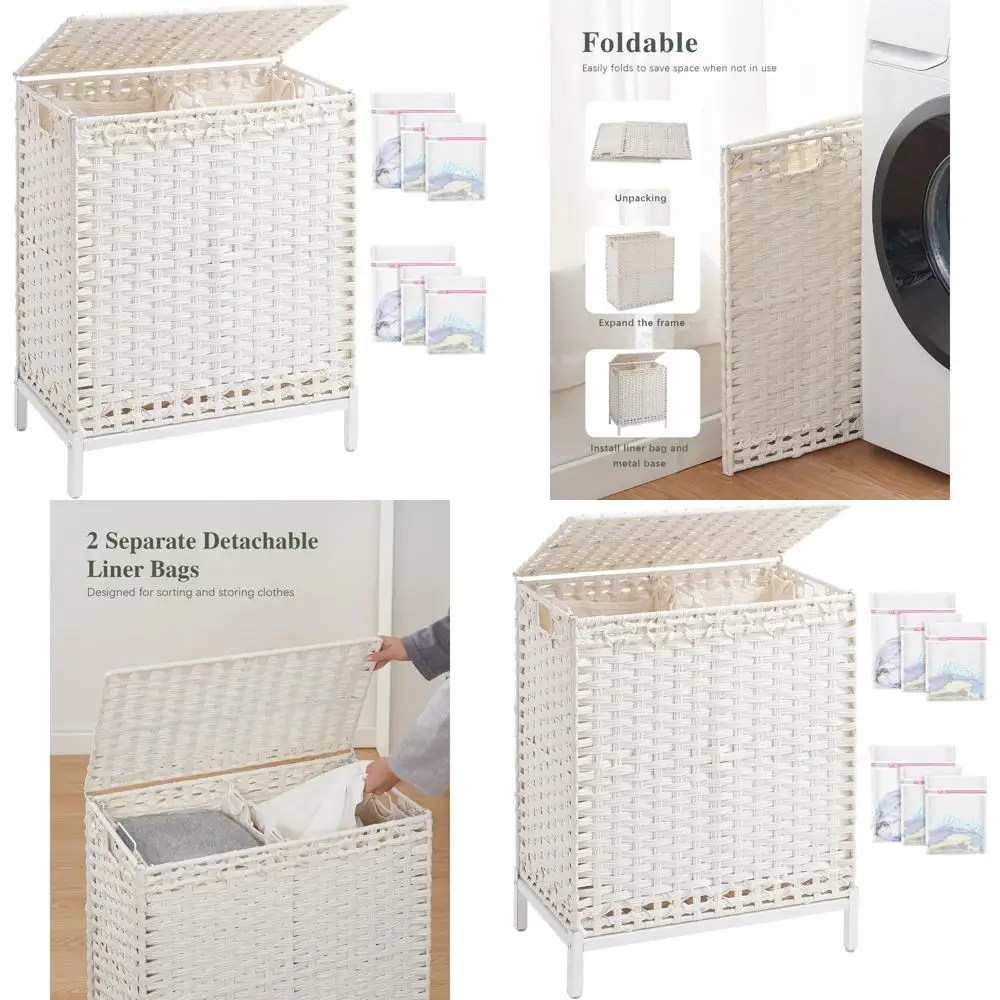 

Корзина для белья ручной работы из ротанга, 112 л с крышкой, 2 съемными вкладышами, металлические ножки, 6 сетчатых пакетов, 2 секции для домашнего использования, белая