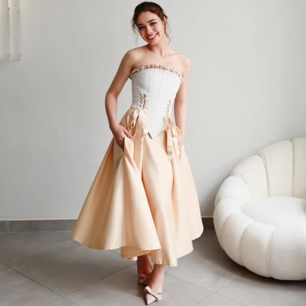 

Matching A-line Strapless Midi Dresses Homecoming Classic Exquisite Modern Style Pastrol Unisex Chinese Formal