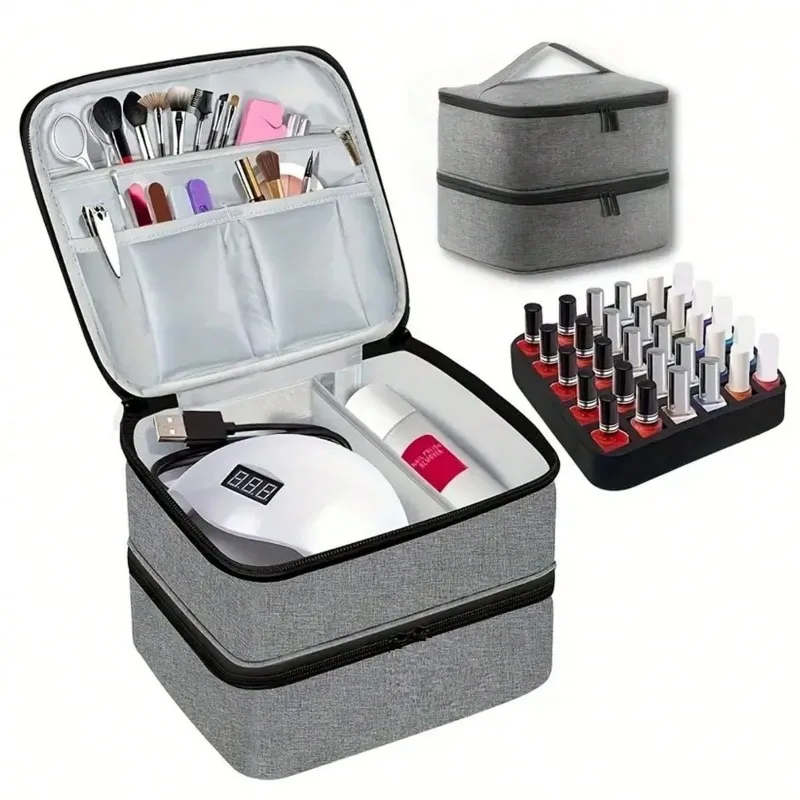 1PC Nail Polish Organizer Case With UV Light Storage, Double-Layer Nail Polish Bag Holds 30 Bottles And 1 Led Nail Lamp