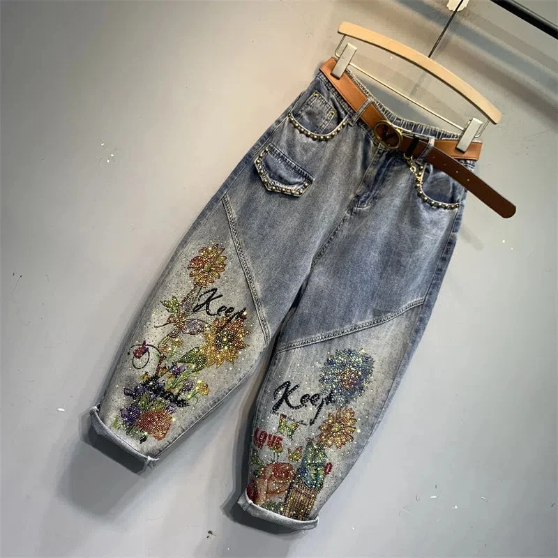 European 2023 Spring Summer New Ladies Printed Diamond Denim Harem Pants Women\'s Fashion Streetwear Elastic Waist Daddy Jeans