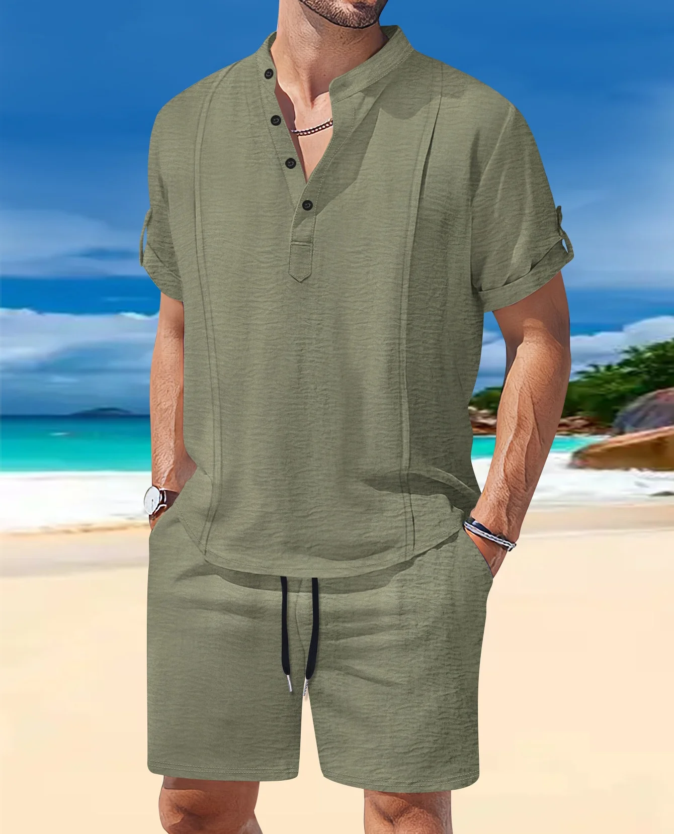 Men's Summer Casual Beach Set Fashionable Stand-Up Collar Button Top T-Shirt Shorts Short Sleeves Two-Piece Set