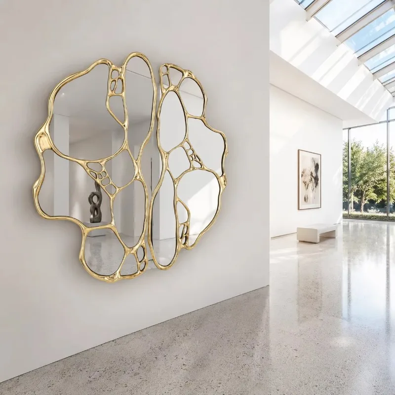 Copper Luxury Round Wall Mirror Modern Gold Design Handmade Art Decorative for Living Room Bedroom Villas Hotels