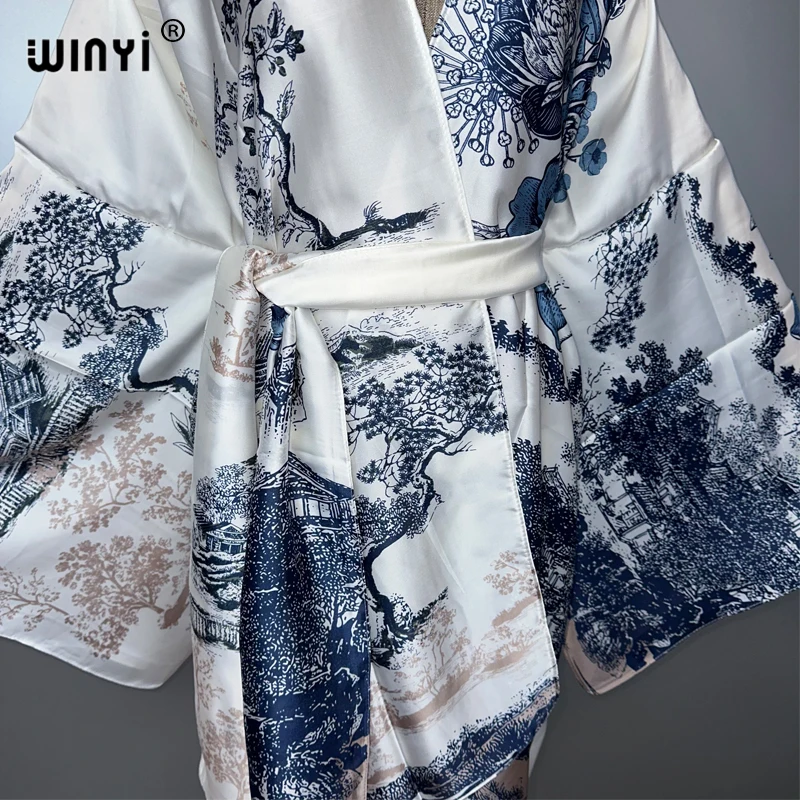 WINYI Sommer Kimono Strand Outfits Frauen Badeanzug Cover Up Boho Strickjacke Stich Selbst Gürtel sexy Urlaub Langarm Print Mantel
