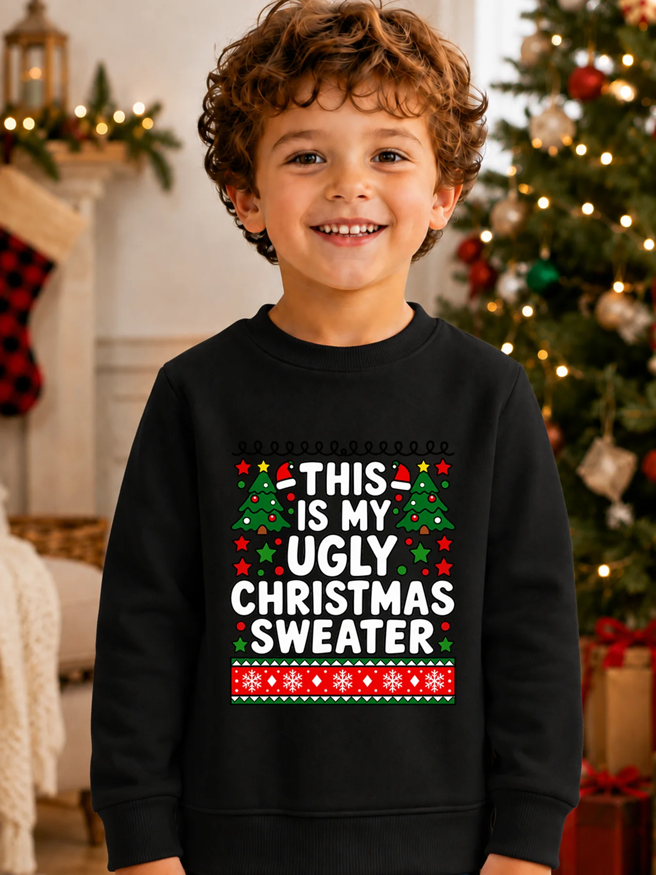 Kids Boys Christmas Sweatshirt This Is My Ugly Christmas Sweater Cartoon Xmas Tree Print Crew Neck Long Sleeve Pullover