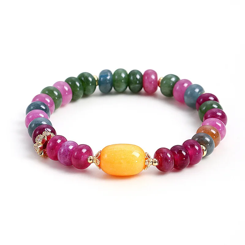 Chinese Style Lucky Blessing Colorful Tourmaline Abacus Beads Yellow Jade Chalcedony Bracelet For Women Exquisite Vintage Good view 5