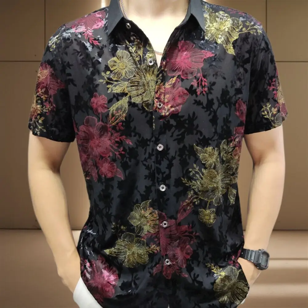 

Mens Embroidery Transparent Shirt 2024 Summer Sexy Lace Shirt For Male See Through Mesh Shirt Club Party Prom Chemise Homme 98kg