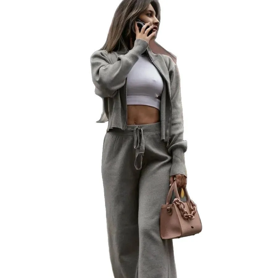 

New Fashion Zipper Jacket + Wide Leg Pants Two-piece Sets Women Autumn Casual Loose Solid Color Top And Pants Suit For Women