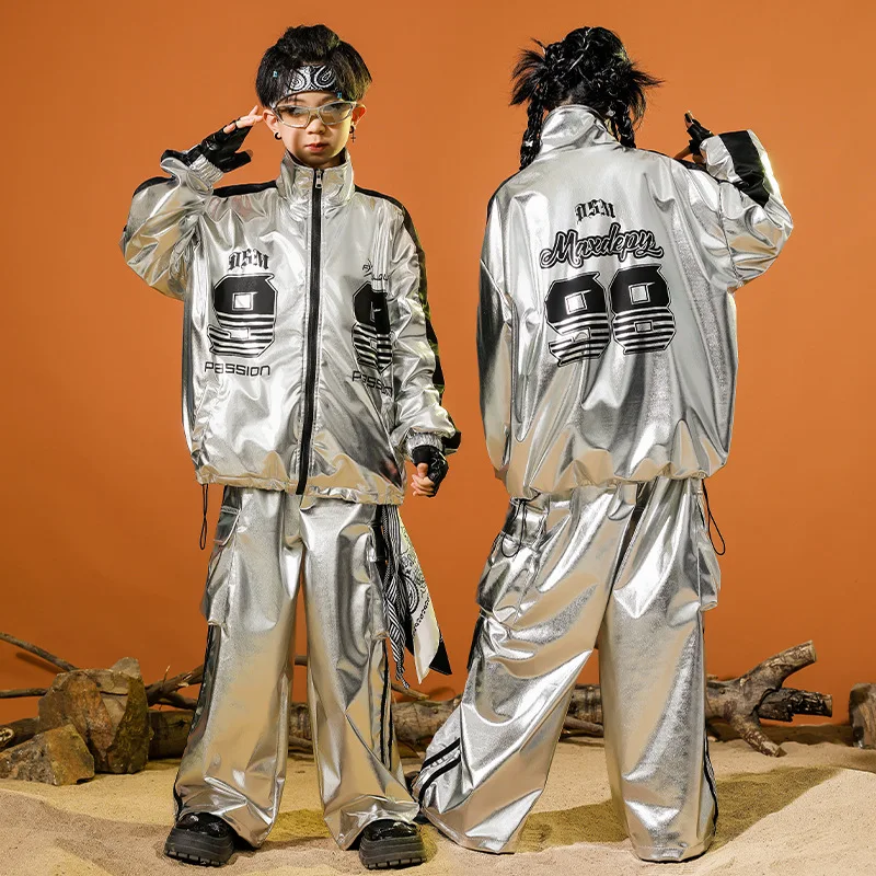 

Silvery Girls Hip Hop Dancing Performance Outfits Childrens Street Kpop Stage Show Set Boys Jazz Dance Costume Coat Pants
