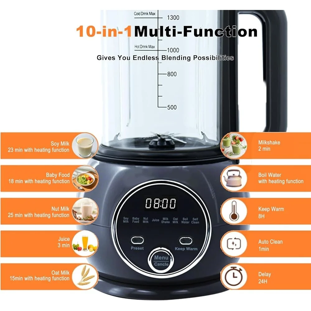 51 OZ Moer Melk Maker 10 Functies Automatische Amandel Cashew Haver Sojamelk Blender Babyvoeding Smoothies Quick Clean