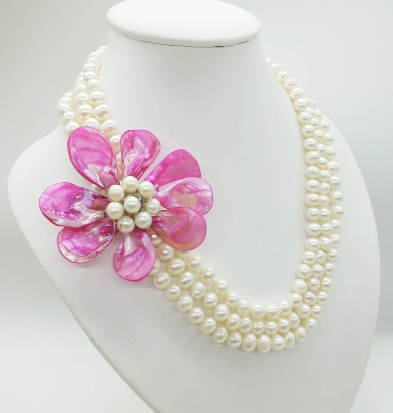 3 rows  8-9MM natural white pearls shell flower necklace, 18-22 inches