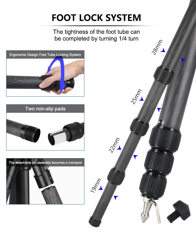 Portable Compact Camera Carbon Fiber Travel Tripod Monopod with Heavy Duty Ball Head Professional for DSLR