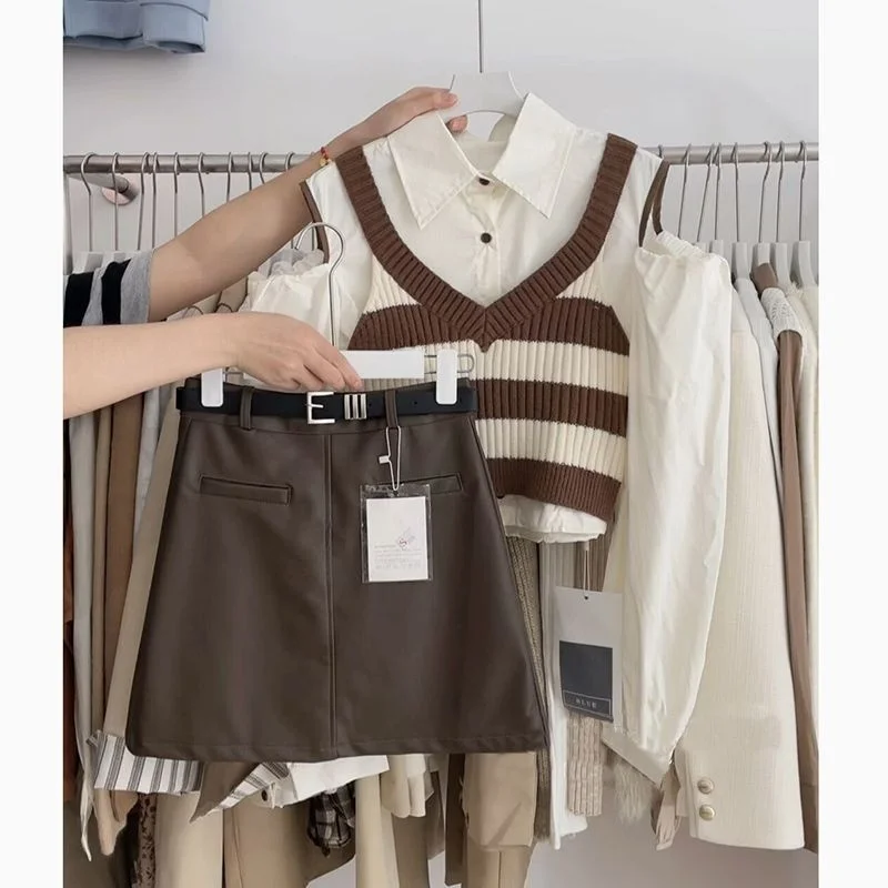 

Faionable Knitted Set Women's Slim Fit Striped Vest irt High Waist Skirt Tee Piece Suit Autumn Collection 2023