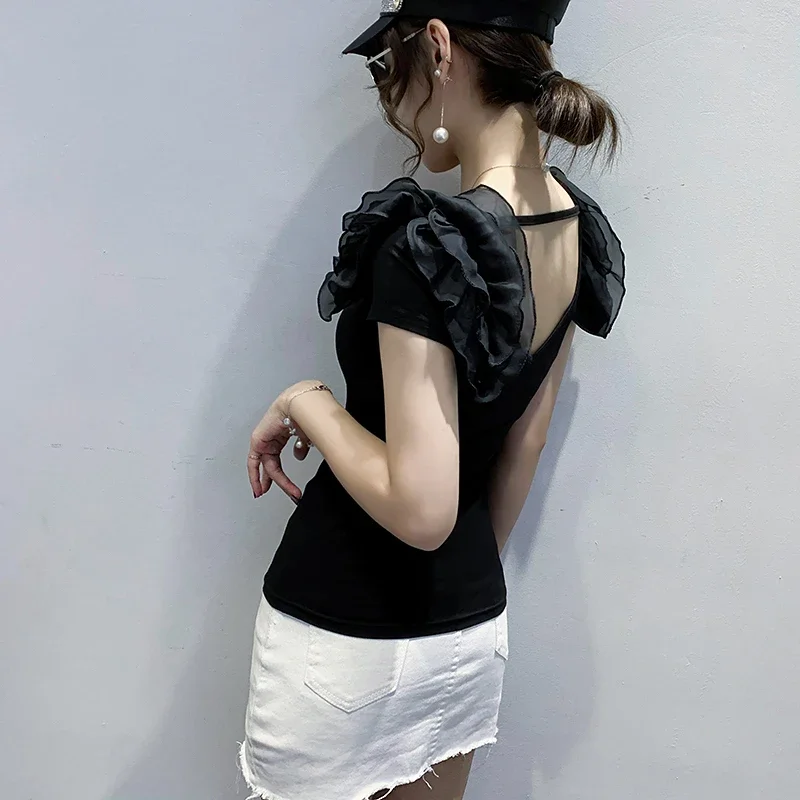 Faionable Ruffle Sve T-irt Women's ort Sve Summer Design Slimming Tight Fit Korean Sle round Ne Top