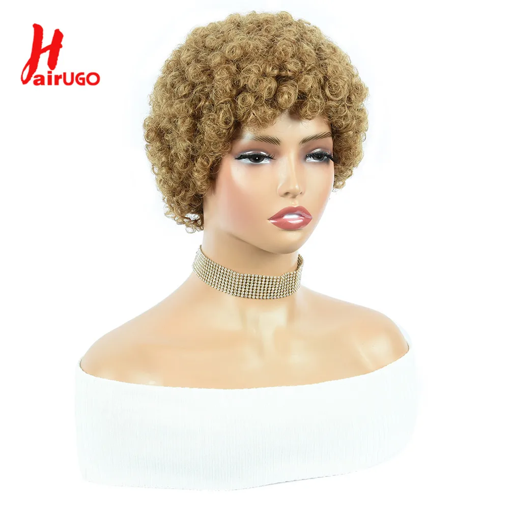 Color #27 Wool Curls Human Hair Wigs Spiral Curl Human Hair Wigs Glueless Brown Short Machine Human Hair Wigs HairUGo