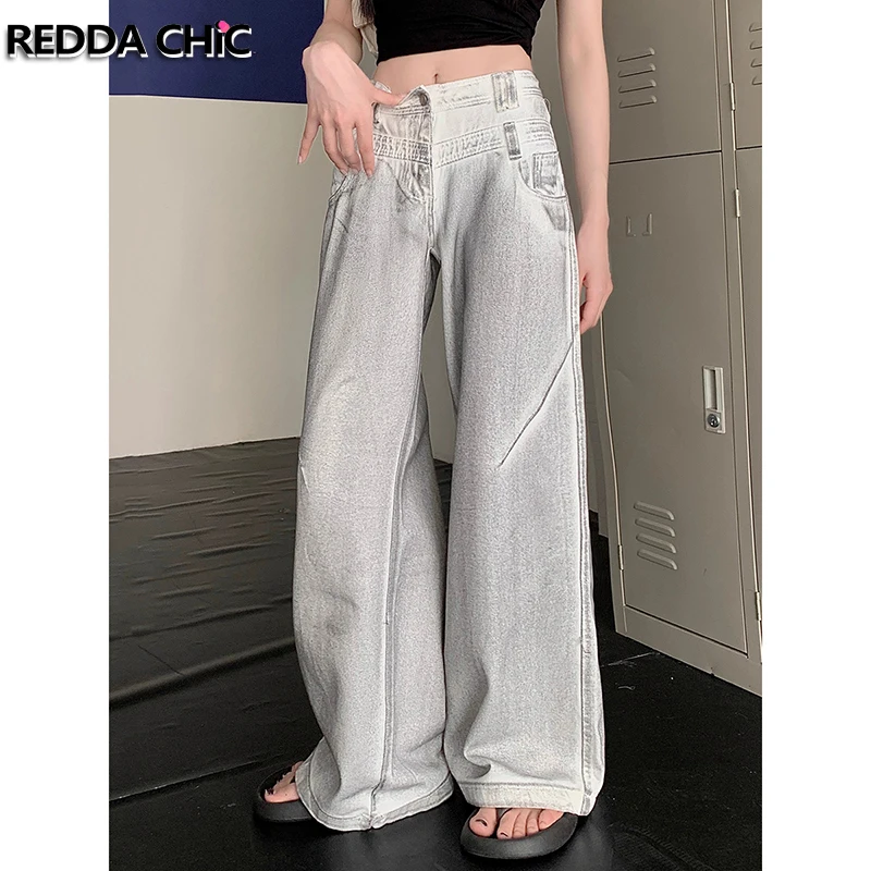 REDDACHiC Retro Gray Dirty Wash Baggy Jeans Women Plus Size Pintuck Distressed High Waist Wide Leg Denim Pants Y2k Streetwear