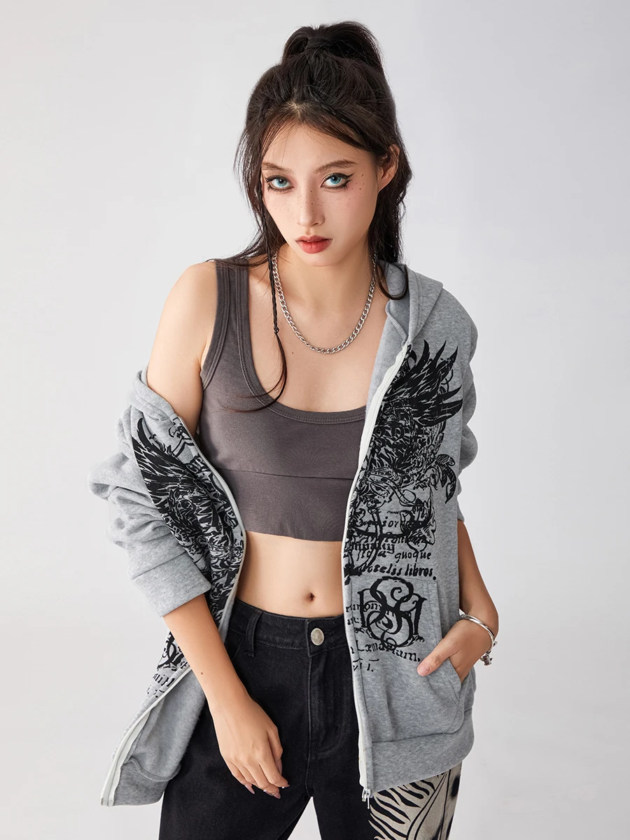 

New Womens Full Zip Hoodies Vintage Wings Print Long Sleeve Oversized Sweatshirts Grunge Jackets Club Street Style Hot Sale