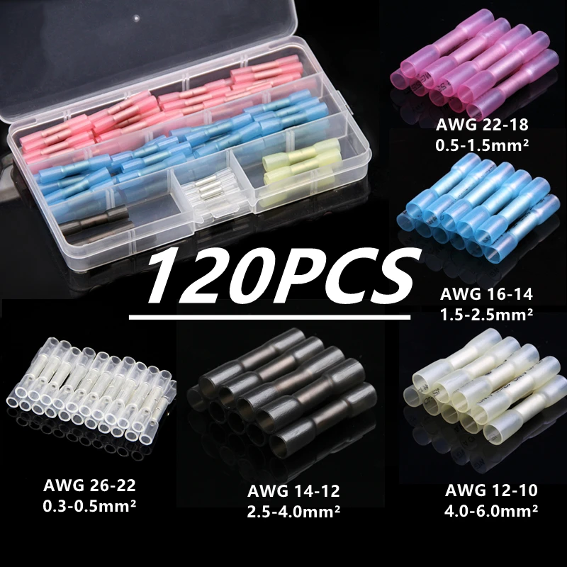 

120pcs Insulated Heat Shrink Seal Butt Connectors Waterproof Crimp Terminals Electrical Wire Connector With Plastic Box