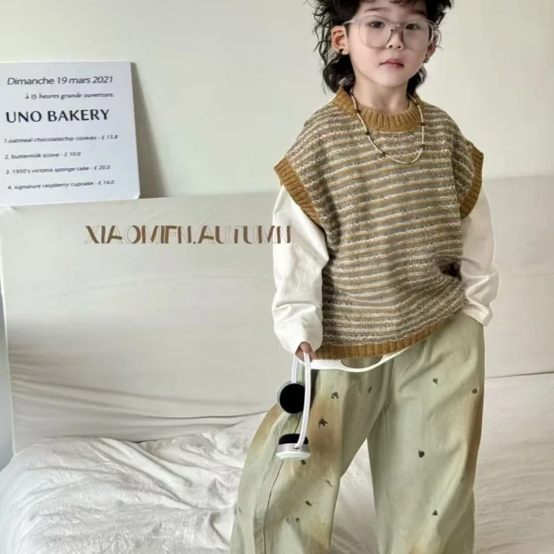 

Fashion Boys Spring Autumn Outfit Set Korean Vintage Sweater Vest+ White Ripped T-shirt+printed Distressed Jeans Three Piece Set