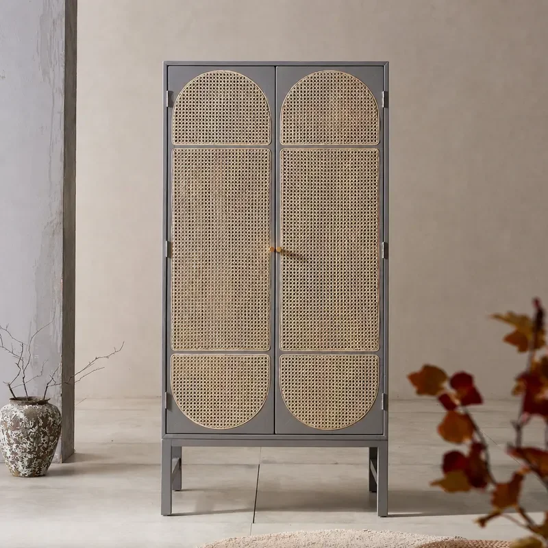 Nordic Solid Wood Rattan Wardrobe Storage Locker Simple Modern Retro Cabinet Bedroom Double Door Coat Cabinet