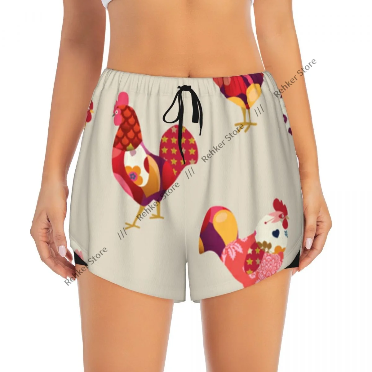 Kolorowe szorty sportowe damskie z podwójną warstwą, szybkoschnące, z symbolem kogucia, do biegania, fitnessu, treningu i rekreacji na świeżym powietrzu.