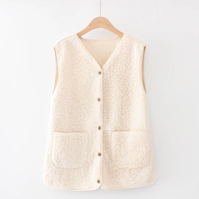 plus Size Women's Casual Loose Teddy Velvet Sleeveless Vest Autumn Winter Korean Style V-neck Fashionable All-match  Color