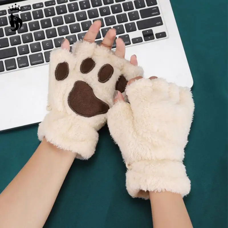 Cute Winter Warm Half Finger Gloves,cartoon Cat Paw Thicken Fuzzy Plush Mittens,embroidery Fingerless Hand Warmer