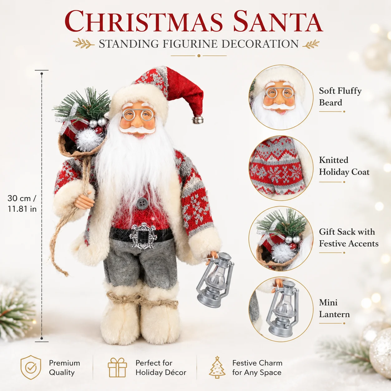 Christmas Santa Claus Figurine 30cm, Standing Santa Statue with Knitted Coat Gift Bag Lantern, Holiday Home Tabletop Decoration