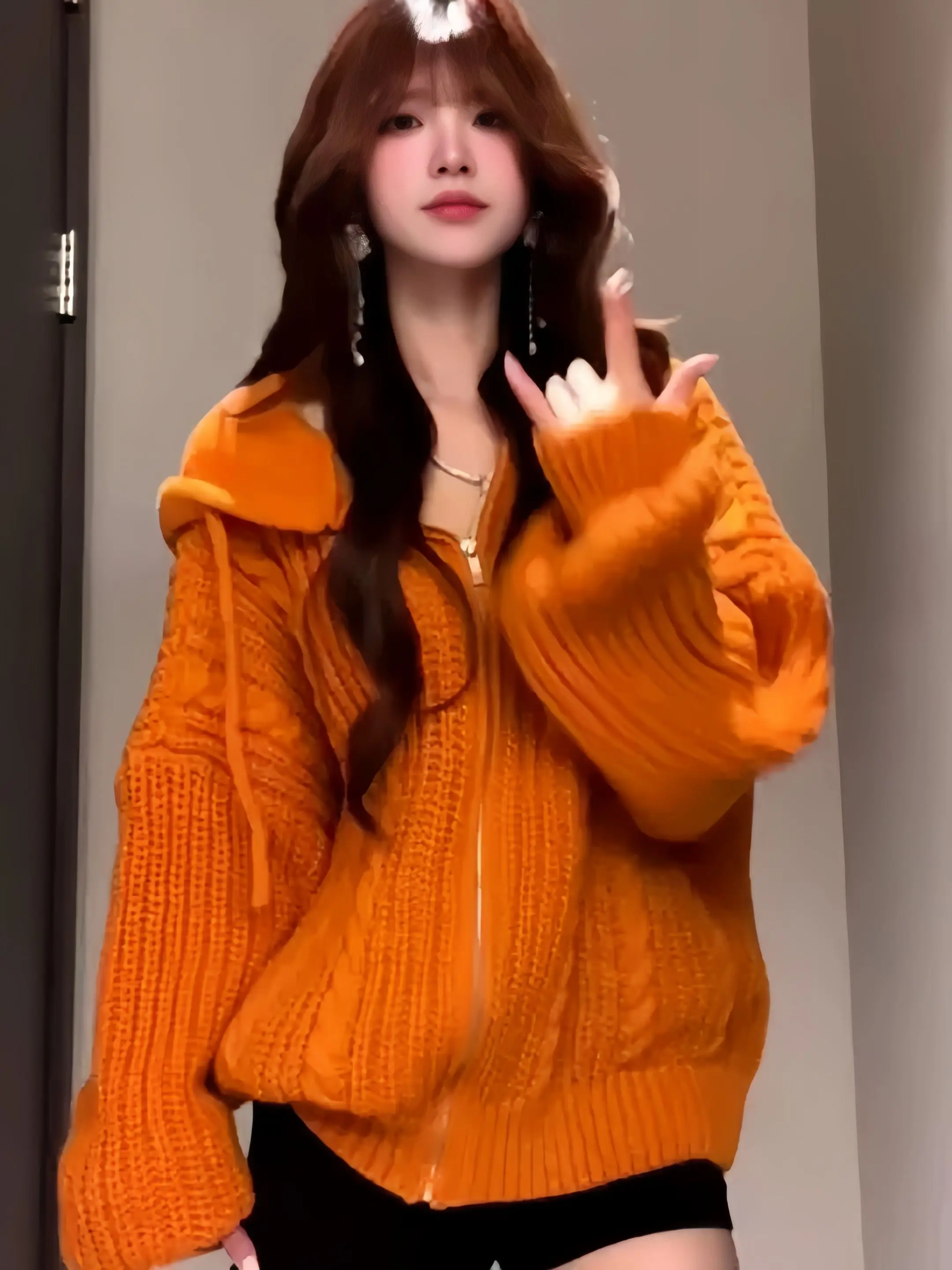 

Оранжевый Dopa ленивый вязаный открытый кардиган на молнии с капюшоном, свитер, женская свободная универсальная верхняя одежда с напуском, осень-зима