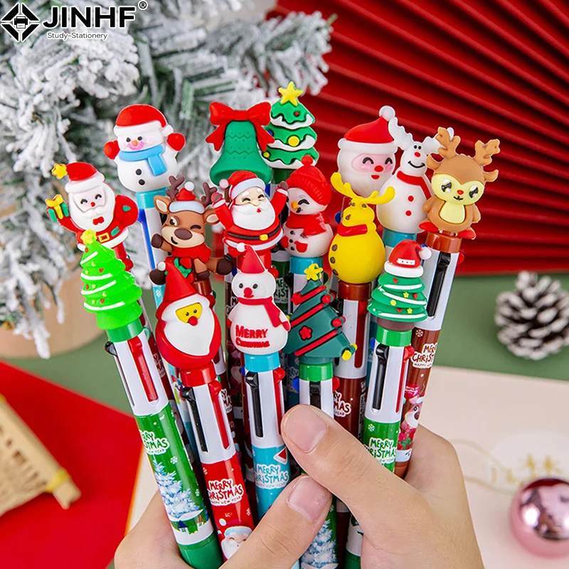 4 Colors Cartoon Colorful Pen Santa Claus Xmas Tree Ballpoint Pen Merry Christmas Gifts Office School Stationery Writing Tools