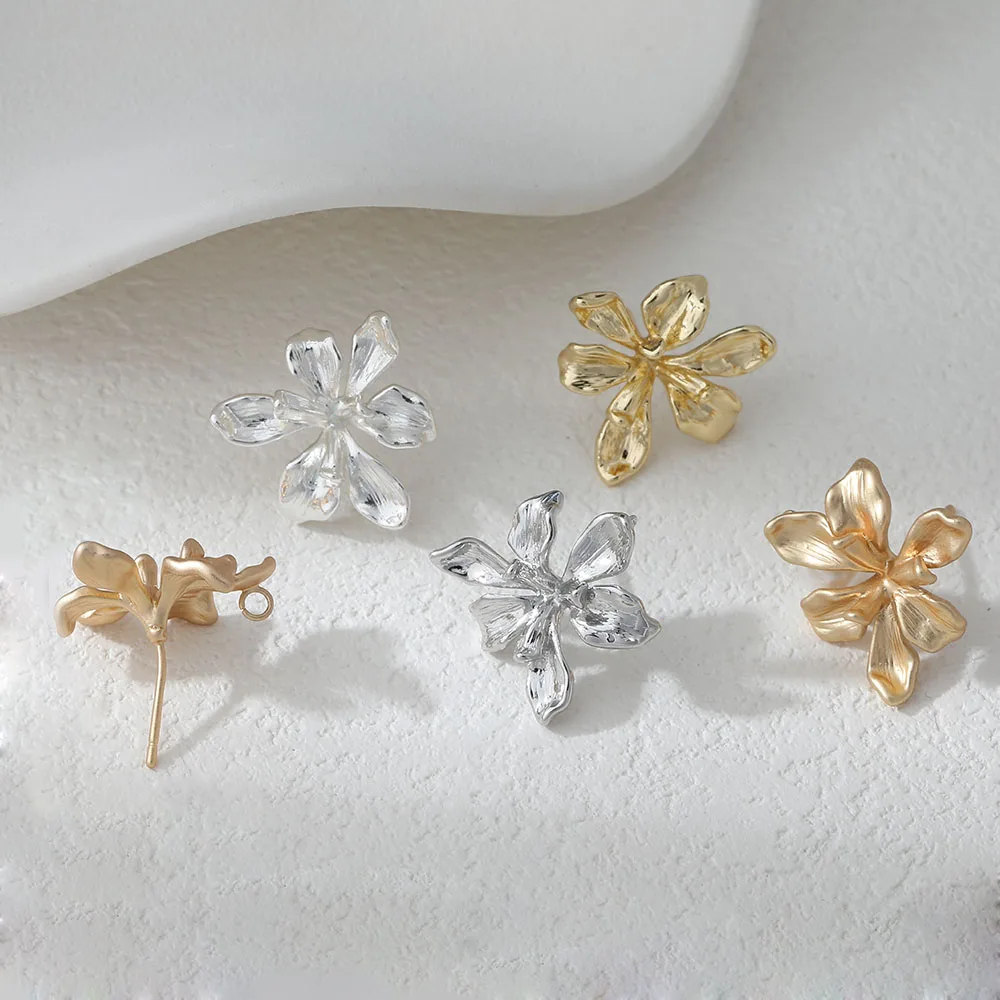 2PCS Dainty Flowers Ear Studs Diy Earrings Connectors Jewelry Making Findings Supplies 14k Gold Plated Accessories 21mm