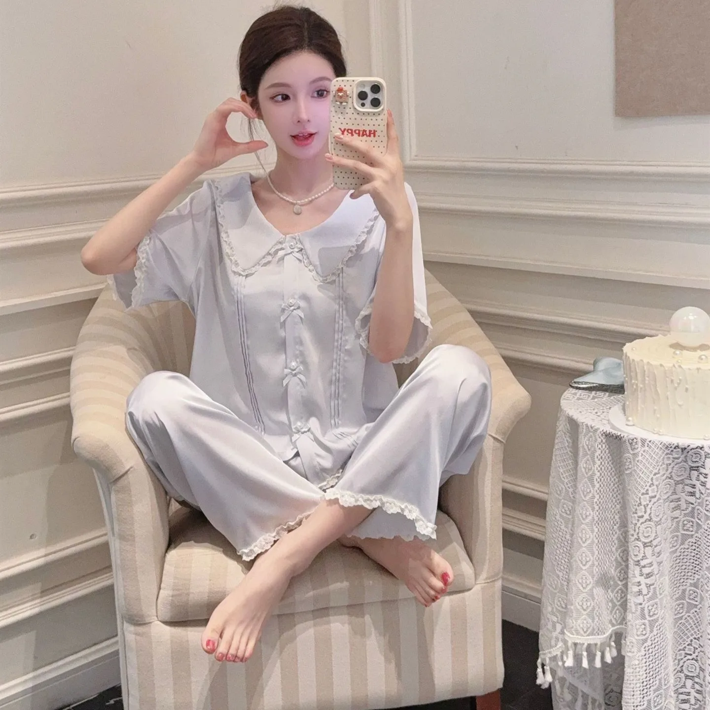 

Sweet Princess Collar Short Sleeve Shirt Shorts Pants Suit Satin 3PCS Sleep Set Lady Summer Lace Trim Nightwear