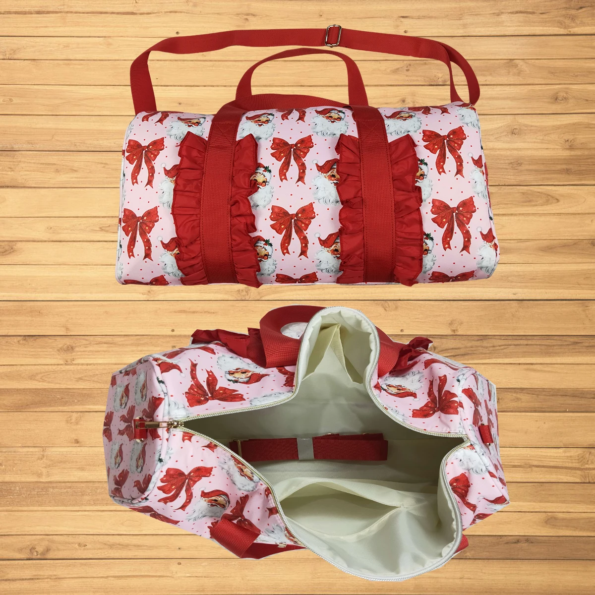 

Wholesale hot sale western boutique Travel Bags hot sale western boutique Christmas Red Ruffle Bows Santa Print Zipper Gym Bags