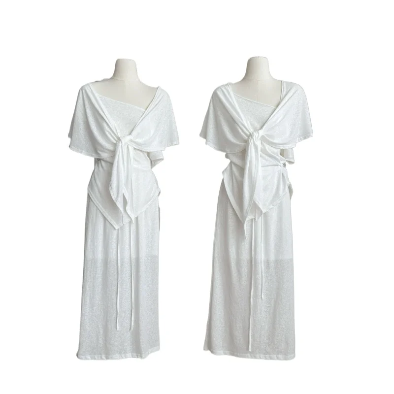 

New Linen Cotton Three-piece Shawl Set Femininity Cardigan T-shirt Skirt Temperament Socialite Beautiful and Sweet Casual Fairys