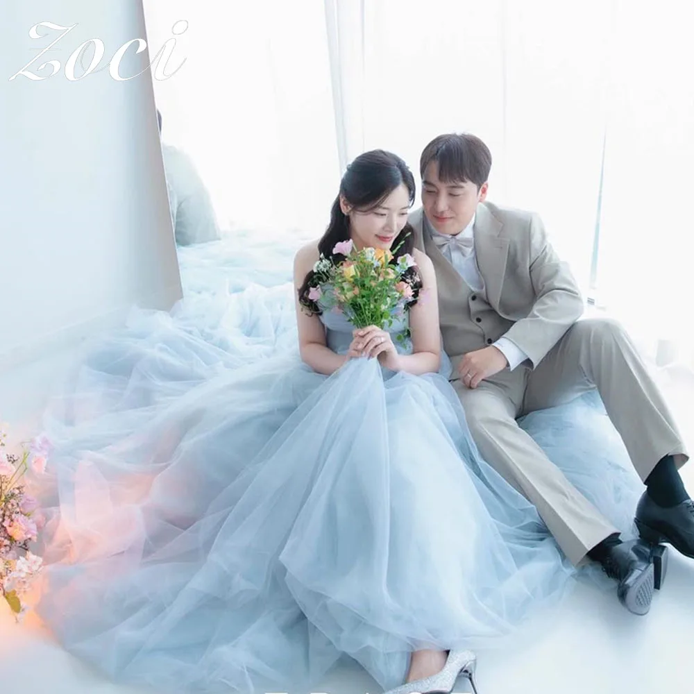 Zoci Sky Blue Soft Tulle Korea Wedding Dresses Strapless A-line Customized Photos Shoot Dress Sleeveless Fairy Bridal Gown