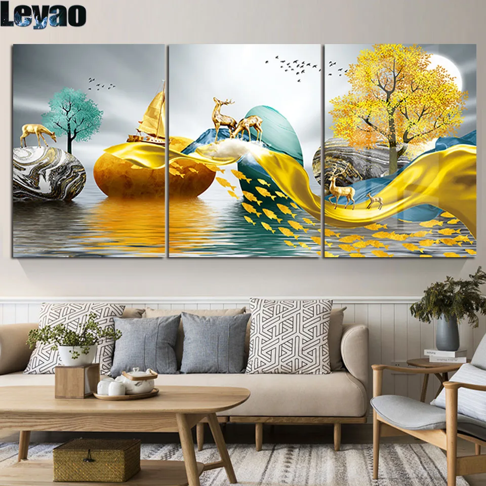 

5D Diamond Mosaic Abstract modern good luck painting golden tree stone deer triptych Full Square Diamond Painting Kits 3pcs/set