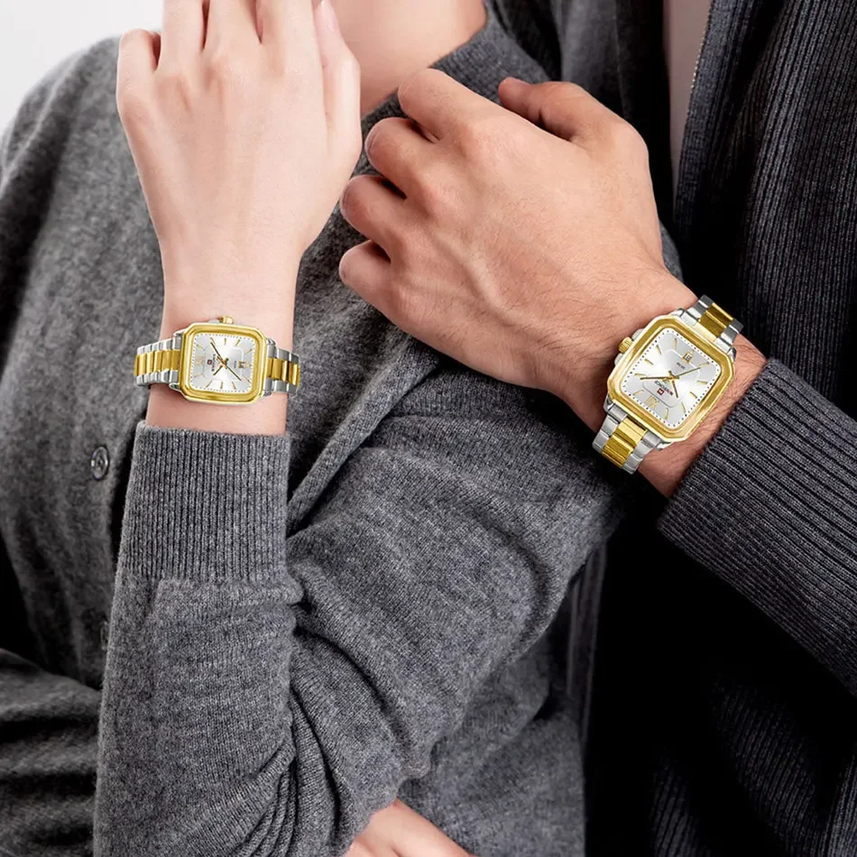 NAVIFORCE relojes de cuarzo para parejas reloj de negocios de acero inoxidable negro para hombres reloj de regalo minimalista informal para mujeres Pareja Regalo