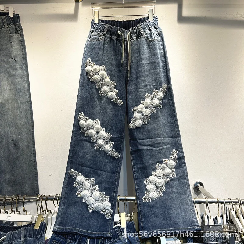 High Quality Three-dimensional Flowers Diamonds Wide Leg Jeans Women All-match Elastic Waist Floor-length Straight Denim Pants