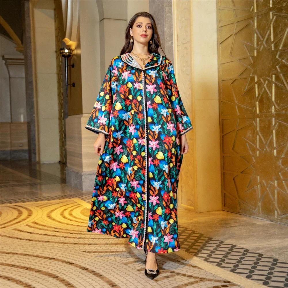 

Dubai Eid Diamonds Abaya Floral Print Party Dress Women Lapel Kaftan Ramadan Turkey Islam Robe Morocco Vestido Jalabiya Muslim