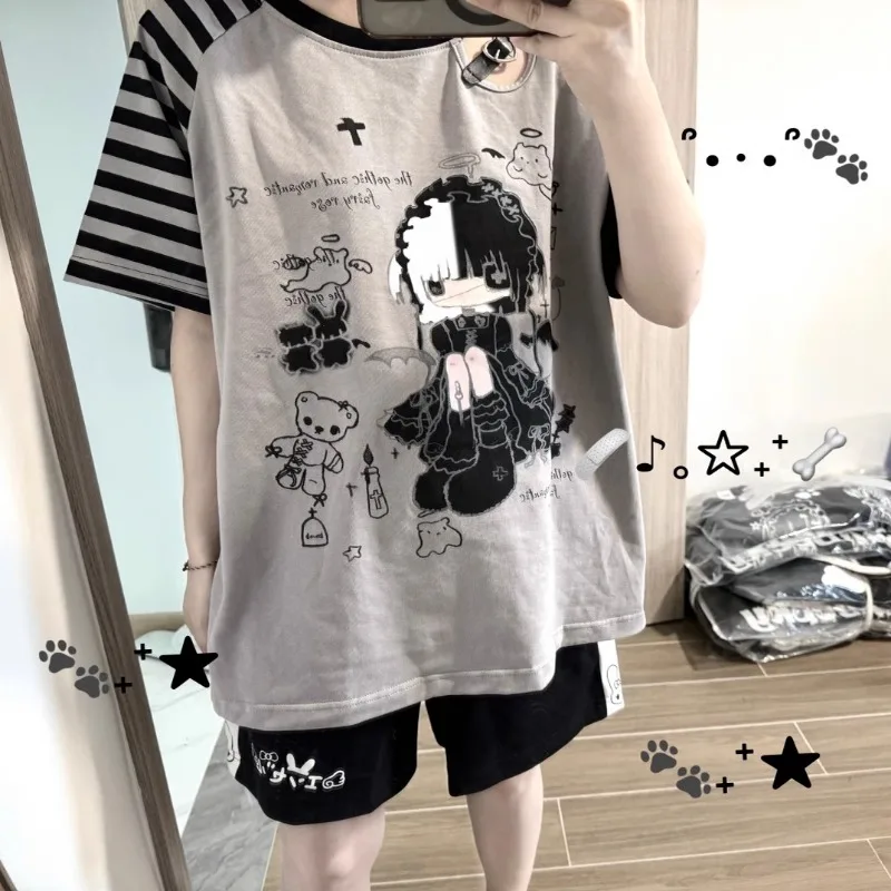 Japanese Original Hand-painted Angel Print Short-sleeved T-shirt Loose Striped Shoulder-plugged Leather Buckle Design Tshirts