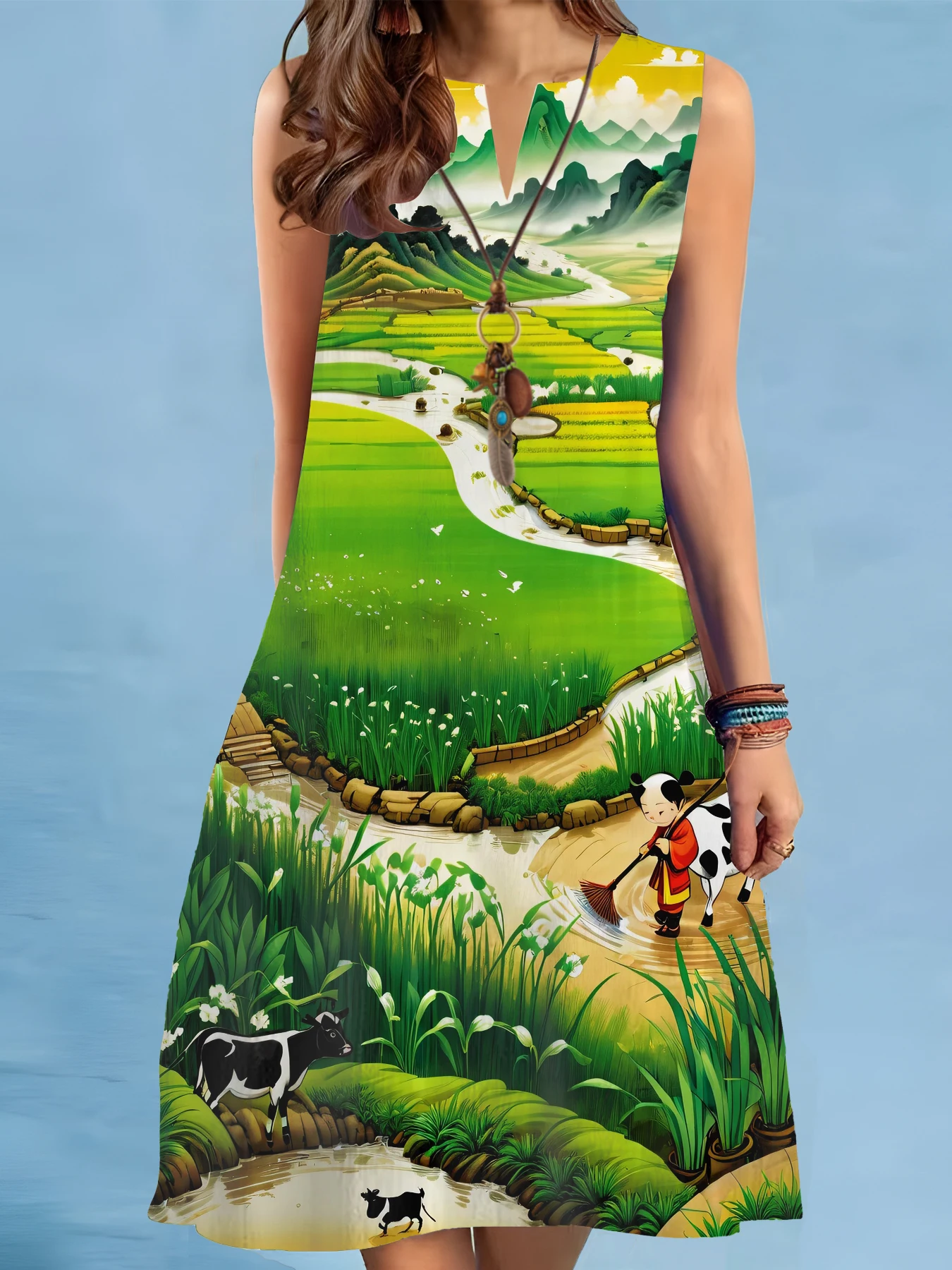 New Summer Print A-Line Dress Women Casual Sexy Sleeveless V-neck Loose Mini Dress Elegant Landscape Oil Painting Dress Vestidos