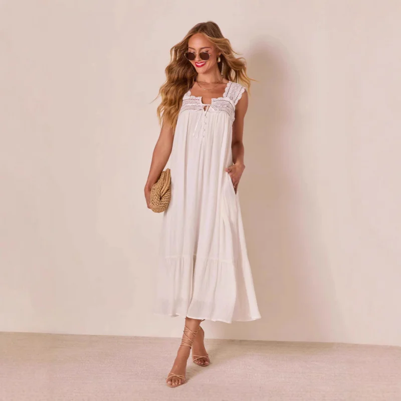 فستان نسائي صيفي أوروبي وأمريكي بدون أكمام بربطة عنق من الدانتيل